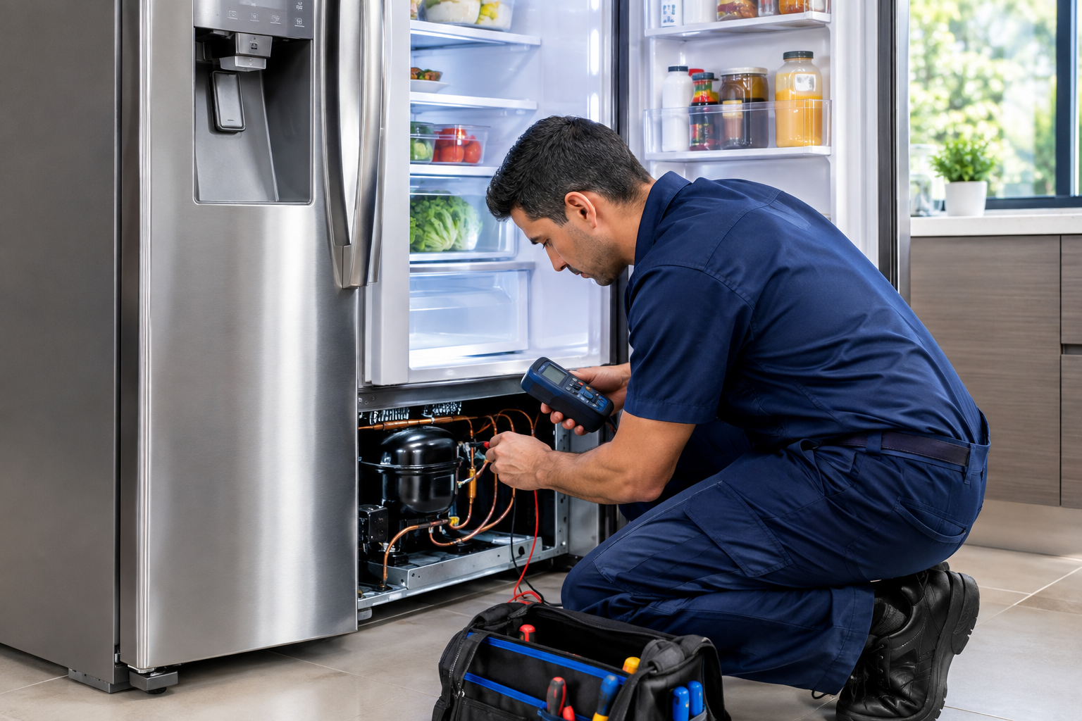Técnico de neveras y refrigeradores realizando reparación a domicilio